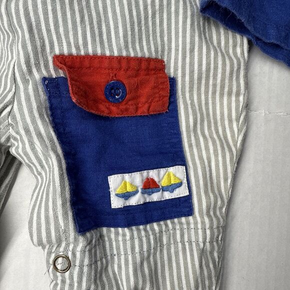 Vintage Happy Kids Gray Stipe Bib Overalls & Button Blue Shirt Size 3-6 Months - Picture 7 of 13